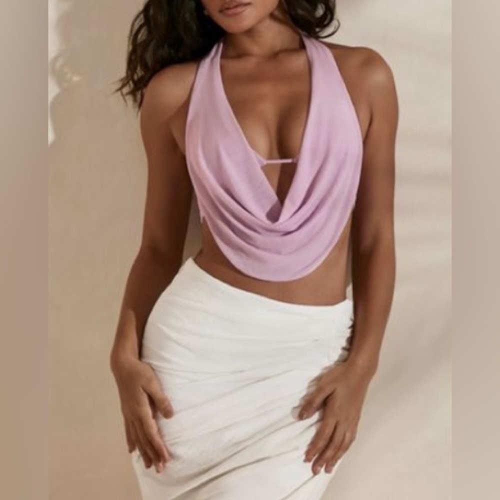 Oh Polly Halter Neck Plunge Cowl Crop Top in Light Pink